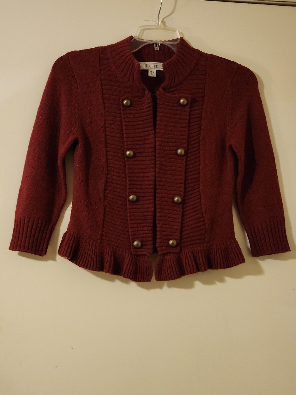 Y2K Decree Women's Steampunk Burgundy Ruffled Hem Collared Knit Cardigan M